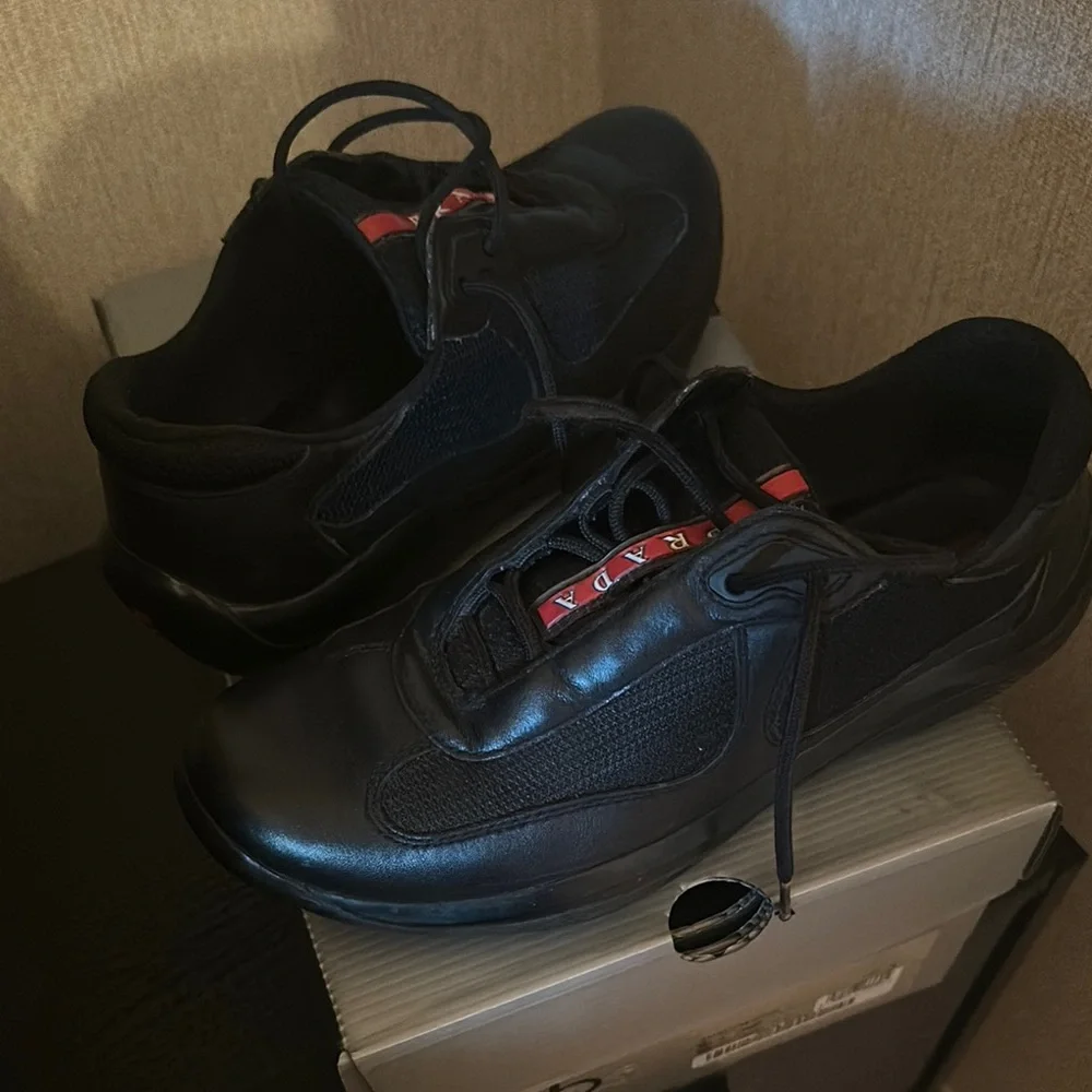 Prada Black Sneakers with Red Logo Tape - Picture 2 of 9